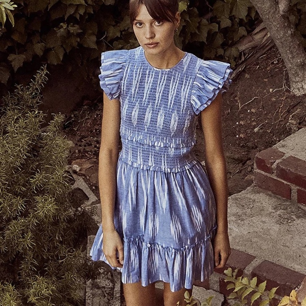 SAYLOR Zinnia Indigo blue ruffle ikat mini dress size Small NEW! with tags